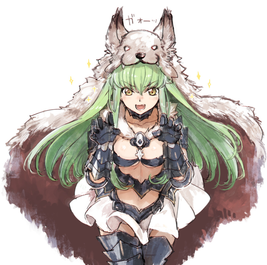 1girl :d alternate_costume animal_hood armored_boots bangs berserker_(granblue_fantasy) boots breasts c.c. claw_pose code_geass cosplay creayus eyebrows_visible_through_hair fang gao gauntlets granblue_fantasy green_hair hair_between_eyes hands_up hood long_hair medium_breasts open_mouth simple_background smile solo standing translation_request white_background yellow_eyes