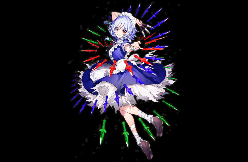 apron bandage black braids dress gray_hair headdress izayoi_sakuya knife mage maid mika_pikazo red_eyes short_hair socks touhou weapon wristwear