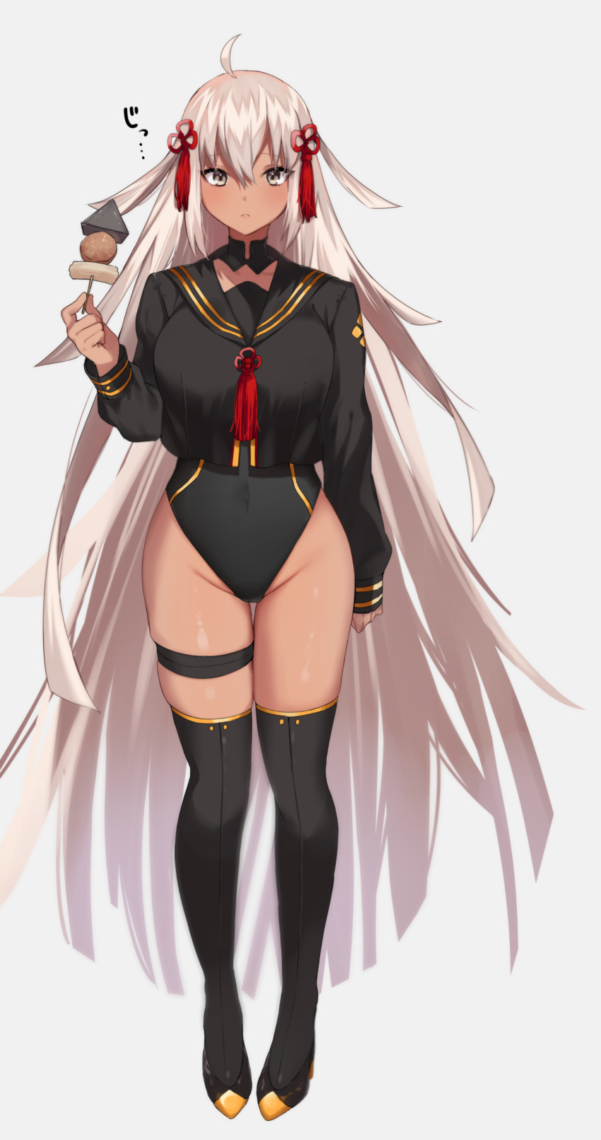 1girl ahoge black_legwear breasts dark_skin fate/grand_order fate_(series) food full_body grey_eyes groin hair_between_eyes hair_ornament high_heels highres iriehana koha-ace leotard long_hair looking_at_viewer navel oden okita_souji_(alter)_(fate) okita_souji_(fate)_(all) sailor_collar silver_hair sleeves_past_wrists thighhighs very_long_hair