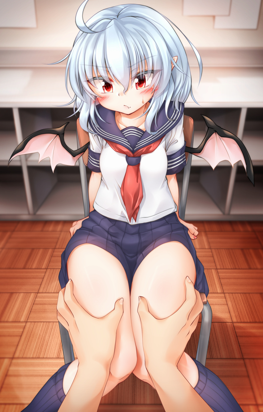 1girl ahoge alternate_costume bangs bat_wings blue_hair blue_legwear blue_sailor_collar blue_skirt blush breasts chair commentary_request contemporary eyebrows_visible_through_hair fang fang_out feet_out_of_frame grabbing hair_between_eyes highres indoors kneehighs knees_together_feet_apart looking_at_viewer m9kndi miniskirt neckerchief no_hat no_headwear pleated_skirt pointy_ears pov red_eyes red_neckwear remilia_scarlet sailor_collar school_uniform serafuku shadow shirt short_hair short_sleeves sitting skin_fang skirt small_breasts solo_focus sweat thigh_grab thighs touhou white_shirt wings