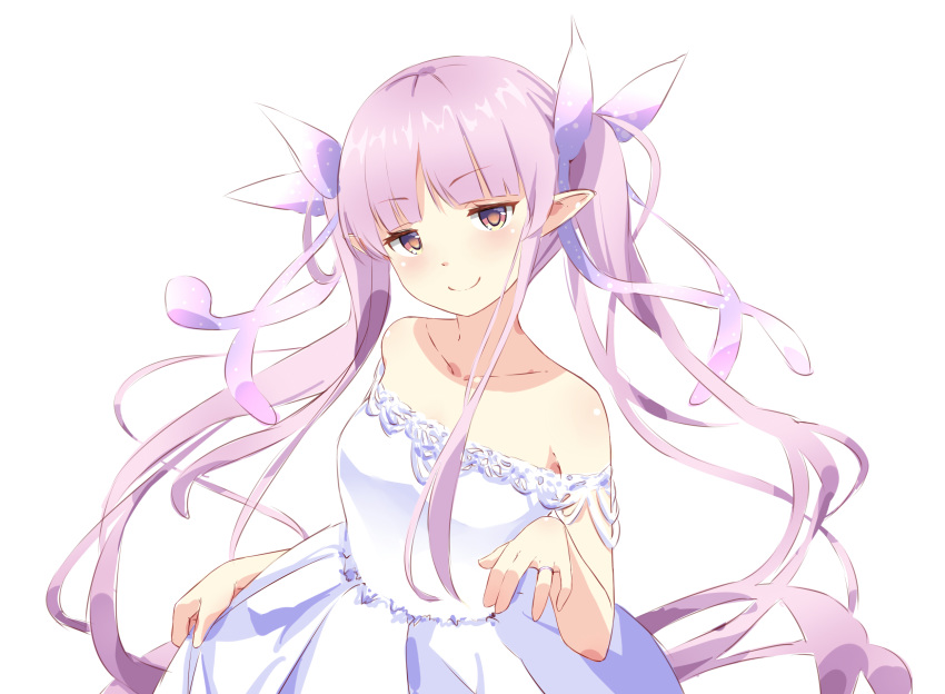 1girl bangs bare_shoulders blush breasts brown_eyes closed_mouth collarbone commentary_request dress eyebrows_visible_through_hair hair_ribbon han_(hehuihuihui) highres hikawa_kyoka jewelry long_hair off-shoulder_dress off_shoulder pointy_ears princess_connect! princess_connect!_re:dive purple_hair purple_ribbon ribbon ring simple_background small_breasts smile solo twintails v-shaped_eyebrows very_long_hair white_background white_dress