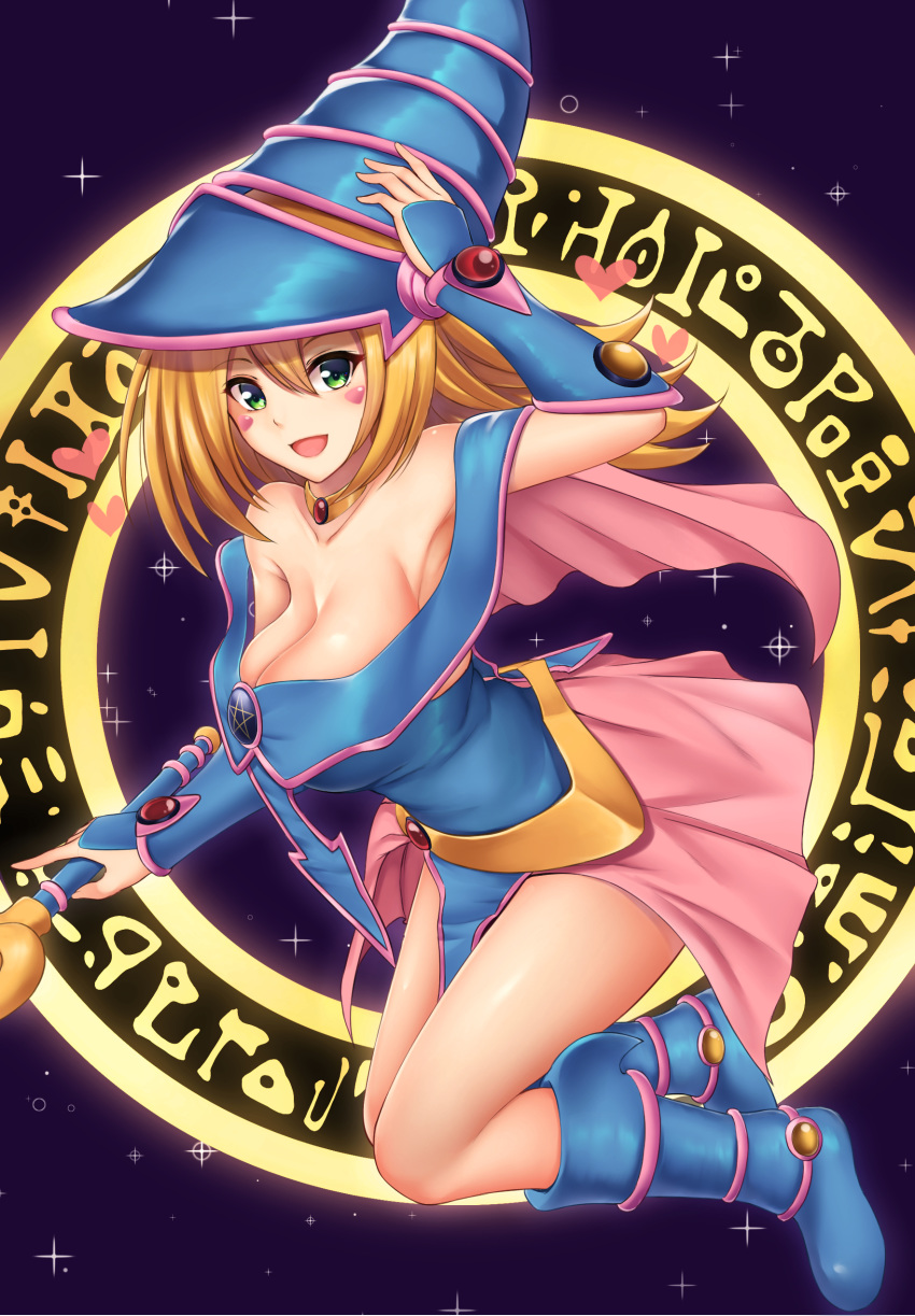 1girl absurdres bangs bare_shoulders blonde_hair blue_dress blue_footwear blue_headwear blush blush_stickers boots breasts cleavage collarbone dark_magical_circle dark_magician_girl detached_sleeves dress duel_monster green_eyes hair_between_eyes hat highres knee_boots large_breasts long_hair looking_at_viewer open_mouth pentagram pink_skirt satosi skirt smile solo sparkle staff thighs wizard_hat yuu-gi-ou yuu-gi-ou_duel_monsters