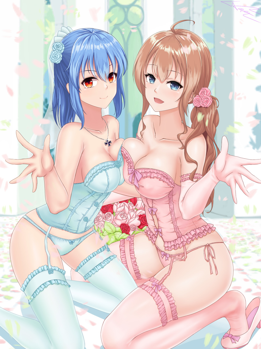 2girls absurdres ahoge alternate_costume blue_eyes blue_hair bow bow_panties breast_press breasts bustier collarbone elbow_gloves garter_straps gloves green_legwear green_panties high_heels highres iron_cross jewelry large_breasts lazgear lingerie long_hair looking_at_viewer mogami_(warship_girls_r) multiple_girls necklace orange_hair panties pink_gloves pink_legwear pink_panties prinz_eugen_(warship_girls_r) red_eyes side-tie_panties side_ponytail symmetrical_docking thighhighs underwear underwear_only warship_girls_r