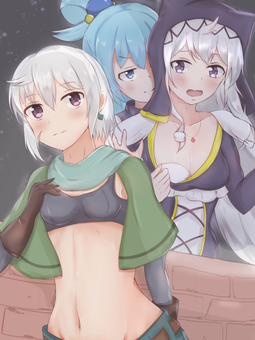 3 aqua_(konosuba) blue_eyes blue_hair blush breast_padding breasts chris_(konosuba) eris_(konosuba) frills gloves habit hair_between_eyes hair_ornament highres kono_subarashii_sekai_ni_shukufuku_wo! long_hair looking_at_viewer mos_(msmosmasa) navel number open_mouth pads purple_eyes short_hair silver_hair smile very_long_hair