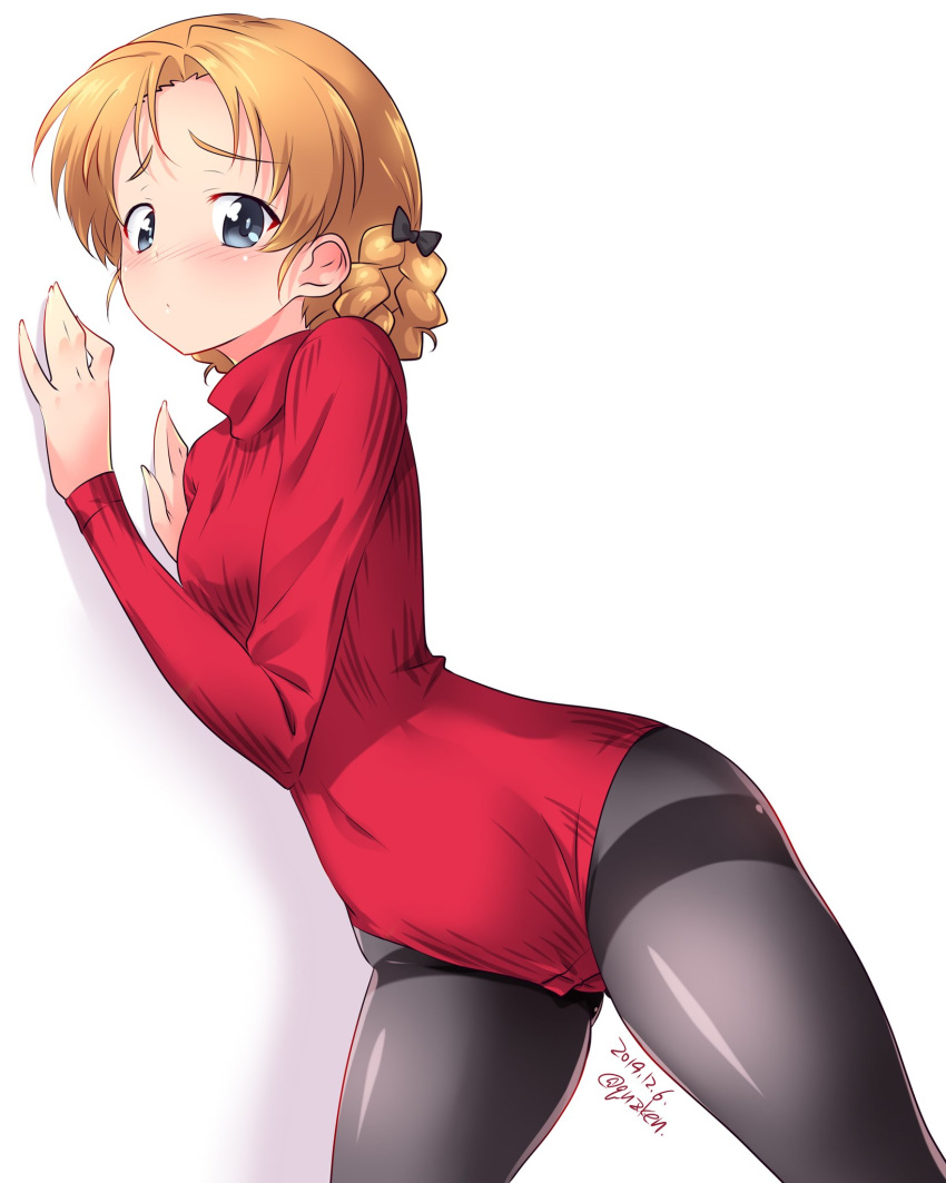 1girl artist_name black_legwear blue_eyes blush bow braid breasts cameltoe closed_mouth covered_navel dated eyebrows_visible_through_hair girls_und_panzer groin hair_bow hair_ornament highres kuzuryuu_kennosuke leotard looking_at_viewer orange_hair orange_pekoe pantyhose shadow shiny shiny_clothes shiny_hair shiny_skin short_hair simple_background small_breasts snap_crotch solo sweater turtleneck_leotard white_background