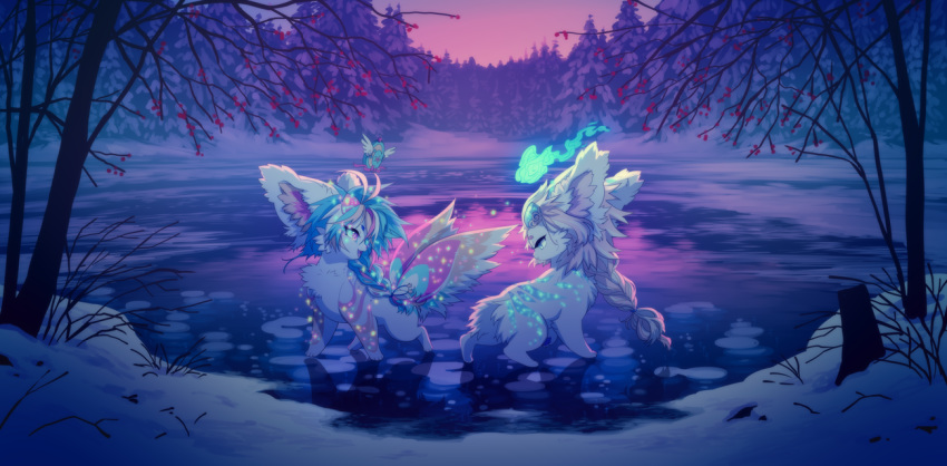 2019 akitamonster blue_hair day detailed_background duo elnin forest fur hair mammal mammla outside partially_submerged snow tree water white_body white_fur