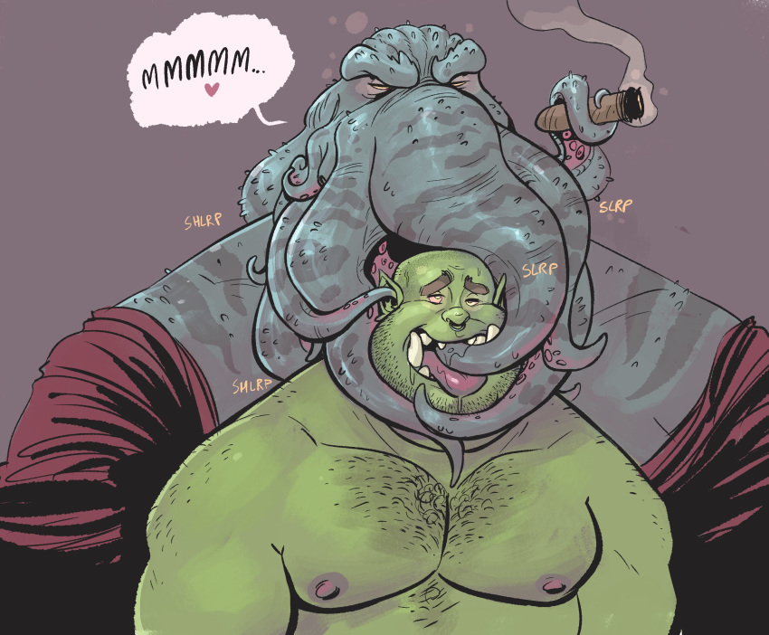 &lt;3 2019 absurd_res anthro barazoku biceps bodily_fluids cigar domination dramamine duo facial_piercing green_body green_skin hi_res humanoid humanoid_pointy_ears hypnosis male male/male male_domination mind_control mind_flayer muscular muscular_male nipples nose_piercing nose_ring open_mouth orc pecs piercing saliva smoke sound_effects speech_bubble submissive submissive_male tentacle_in_ear tentacle_in_mouth tentacles tusks