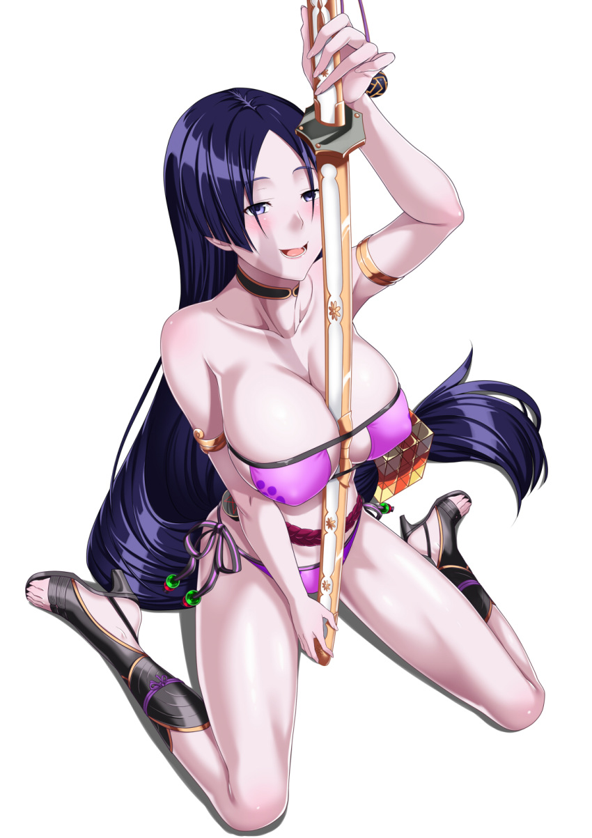 1girl armlet bangs bare_shoulders beads between_breasts bikini black_footwear blush breasts choker cleavage collarbone eyepatch_bikini fate/grand_order fate_(series) from_above full_body high_heels highres holding holding_weapon katana legs long_hair low-tied_long_hair minamoto_no_raikou_(fate/grand_order) minamoto_no_raikou_(swimsuit_lancer)_(fate) open_mouth parted_bangs puffy_nipples purple_bikini purple_eyes purple_hair sandals sheath sheathed shiny shiny_hair shiny_skin side-tie_bikini sitting skindentation solo strapless strapless_bikini swimsuit sword tawagoto_dukai_no_deshi toes very_long_hair wariza weapon