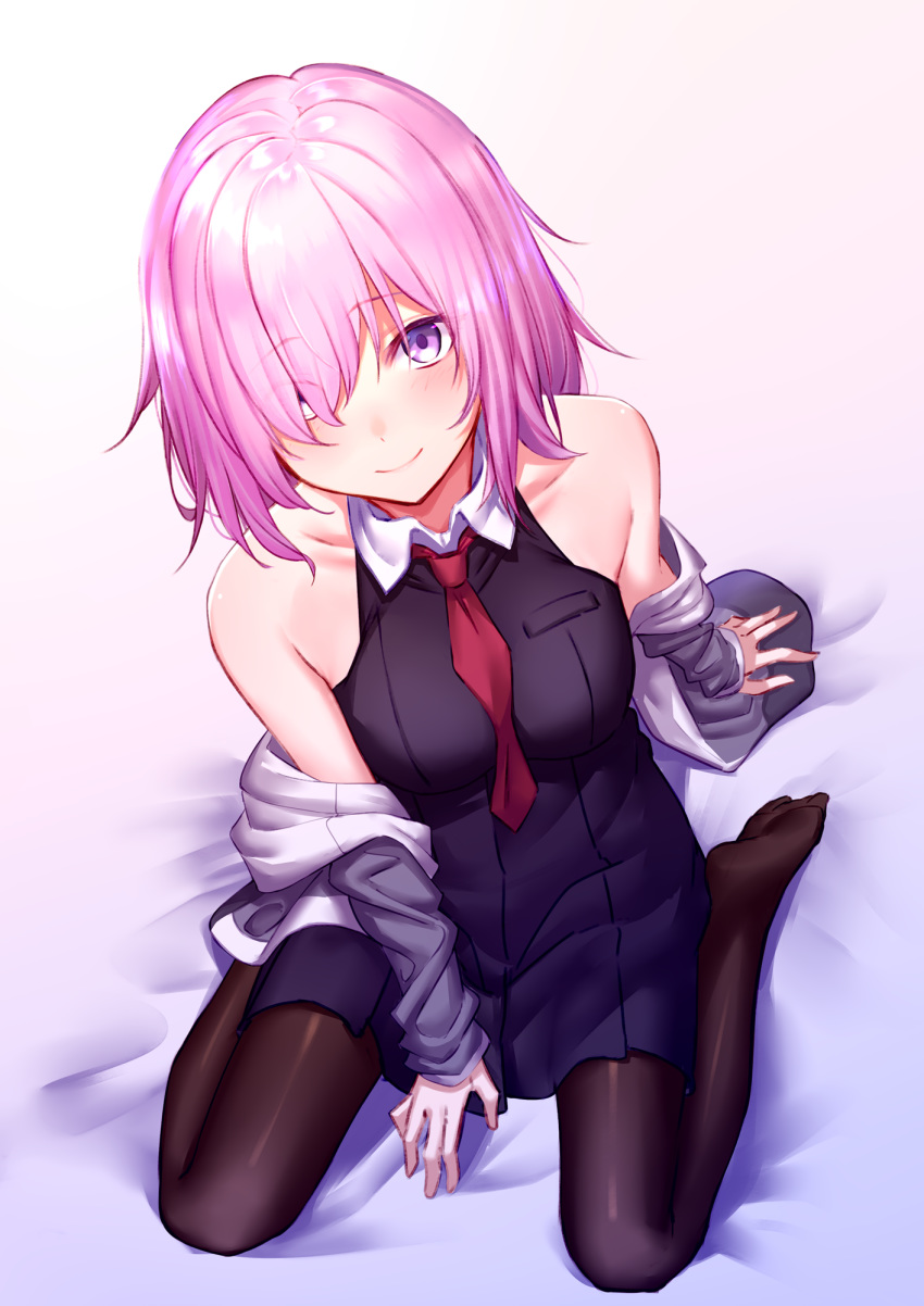 1girl bare_shoulders black_dress black_legwear blush breasts closed_mouth dress fate/grand_order fate_(series) fifty1202 gradient gradient_background grey_jacket hair_over_one_eye highres jacket large_breasts looking_at_viewer mash_kyrielight necktie off_shoulder open_clothes open_jacket pantyhose purple_eyes purple_hair red_neckwear short_hair sitting sleeveless sleeveless_dress smile solo thighs wariza