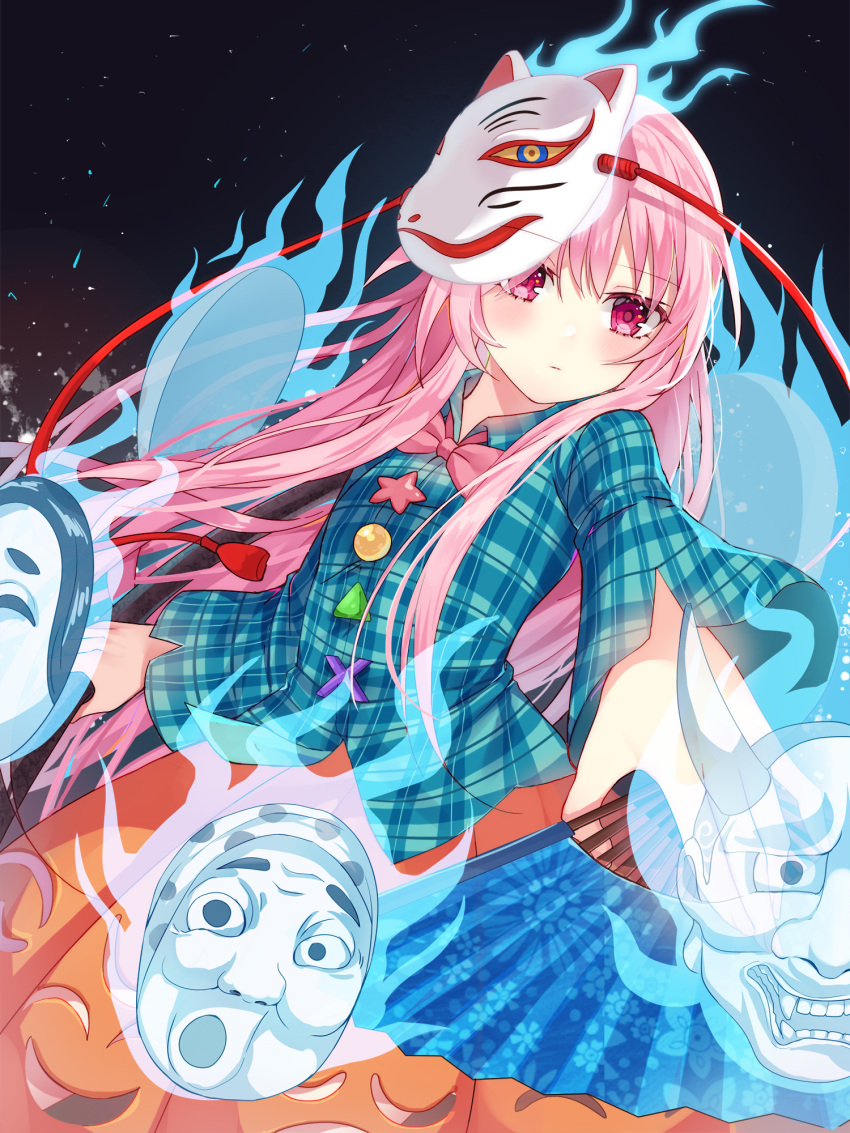 1girl blue_shirt bow bowtie brown_skirt closed_mouth collared_shirt expressionless fox_mask hannya hata_no_kokoro highres hitodama hum_(ten_ten) long_hair long_sleeves looking_at_viewer mask mask_on_head pink_eyes pink_hair pink_neckwear plaid plaid_shirt shirt skirt solo tassel touhou very_long_hair