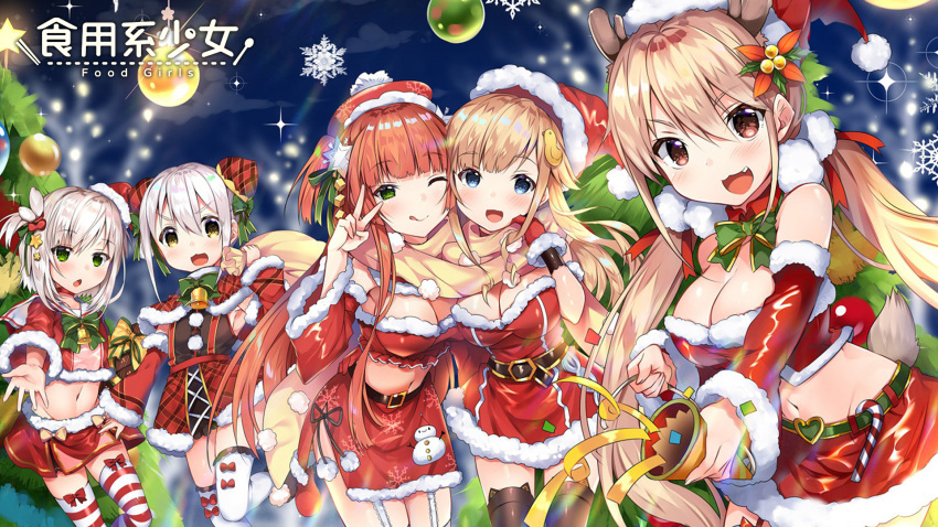 5girls :d ;q armpits bare_shoulders belt black_legwear blonde_hair blue_eyes blurry bow bowtie breasts capelet christmas christmas_tree cleavage commentary_request crop_top depth_of_field detached_collar detached_sleeves fang food_girls fur_trim garter_straps green_eyes hat highres holding large_breasts long_hair long_sleeves looking_at_viewer low_twintails midriff mini_hat miniskirt multiple_girls navel one_eye_closed one_side_up open_mouth orange_hair outstretched_arm party_popper pom_pom_(clothes) red_eyes red_headwear red_shirt red_skirt santa_costume santa_dress santa_hat shirt side_slit skirt smile snowflakes stomach striped striped_legwear thighhighs tongue tongue_out twintails usagihime v-shaped_eyebrows very_long_hair watermark white_hair white_legwear yellow_eyes zettai_ryouiki