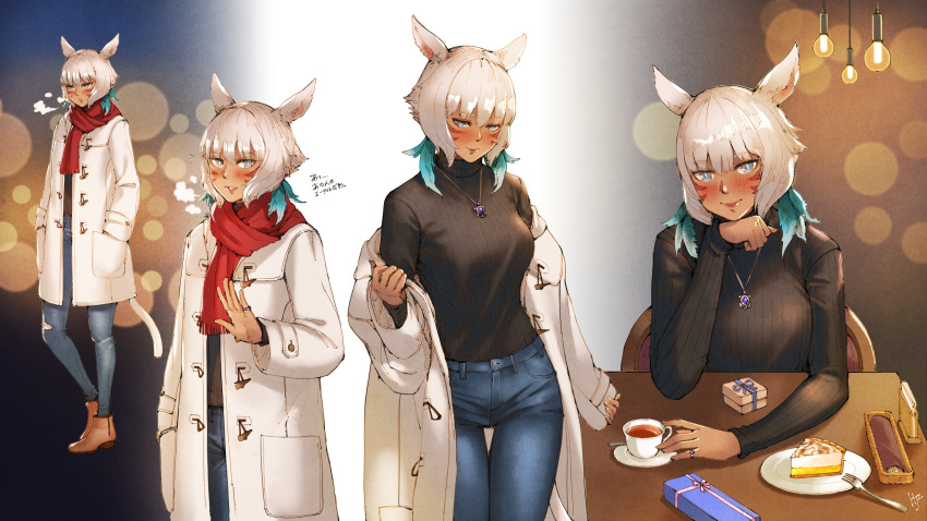 1girl absurdres animal_ears blush boots cake cat_ears cat_girl cat_tail coat coat_removed coffee collage dark_skin denim facial_mark final_fantasy final_fantasy_xiv food haimerejzero highres jeans looking_at_viewer miqo'te pants scarf short_hair sweater tail white_eyes white_hair winter_clothes winter_coat y'shtola_rhul
