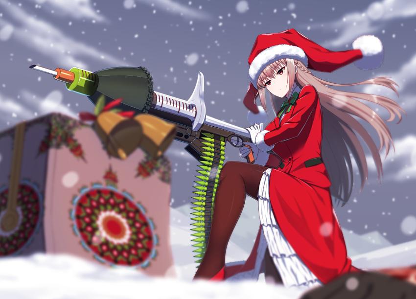 christmas fate/grand_order fate_(series) florence_nightingale gloves gun hat kuroshiro_(ms-2420) long_hair pantyhose pink_hair red_eyes santa_costume snow weapon