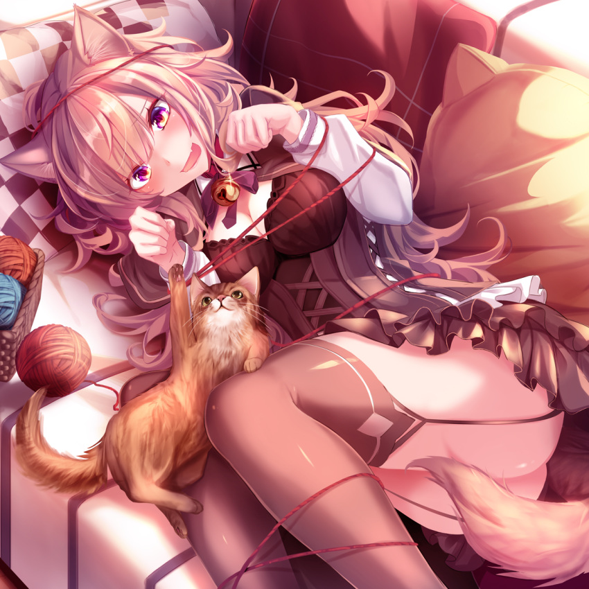1girl animal_ears ass bangs basket bell bell_choker black_legwear black_skirt blush breasts brown_eyes brown_hair brown_legwear cat cat_ears cat_girl cat_tail checkered checkered_pillow choker cleavage commentary corset couch fang garter_straps haruka_natsuki highres indoors jingle_bell large_breasts layered_skirt long_hair long_sleeves looking_at_another lying medium_breasts miniskirt on_couch on_side open_mouth original paw_pose pillow purple_eyes single_horizontal_stripe skin_fang skirt smile solo tail tail_censor thighhighs thighs yarn yarn_ball