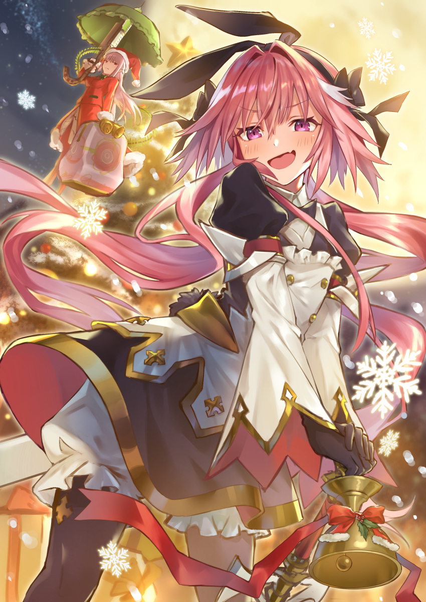 1boy 1girl absurdres astolfo_(saber)_(fate) bangs black_bow black_gloves black_legwear black_ribbon blush bow bowtie character_request commentary_request dress fang fate/grand_order fate_(series) gloves hair_bow hair_intakes hair_ribbon highres holding holding_bell holding_umbrella jacket long_hair long_sleeves looking_at_viewer multicolored_hair otoko_no_ko pantyhose pink_hair purple_eyes purple_hair red_jacket ribbon skin_fang smile solo_focus streaked_hair tamu_(tamurarucaffe1226) tongue twintails umbrella white_hair