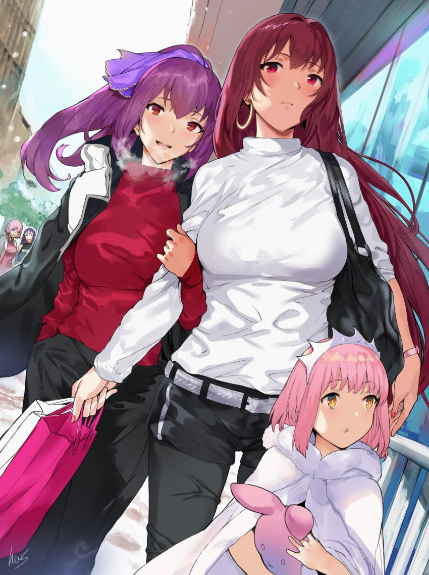 5girls bag bangs belt black_pants breasts brown_eyes closed_mouth commentary earrings fate/grand_order fate_(series) hair_between_eyes handbag hews_hack highres holding_another's_arm hoop_earrings jacket_on_shoulders jewelry large_breasts long_hair mash_kyrielight medb_(fate)_(all) medb_(fate/grand_order) minamoto_no_raikou_(fate/grand_order) multiple_girls open_mouth outdoors pants parted_bangs pink_hair purple_hair purple_ribbon red_eyes red_nails red_sweater ribbon scathach_(fate)_(all) scathach_skadi_(fate/grand_order) shopping_bag short_hair standing stuffed_toy sweater tiara turtleneck turtleneck_sweater white_belt white_sweater window yellow_eyes younger