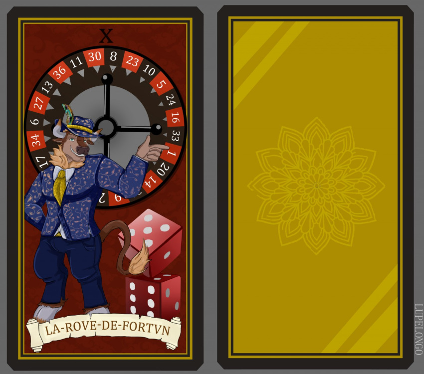 2019 bovid bovine card cassino cattle clothed clothing dice digital_media_(artwork) feathers fortune fortune_telling looking_at_viewer lupelongo male mammal muscular simple_background smile solo suit tarot tarot_card