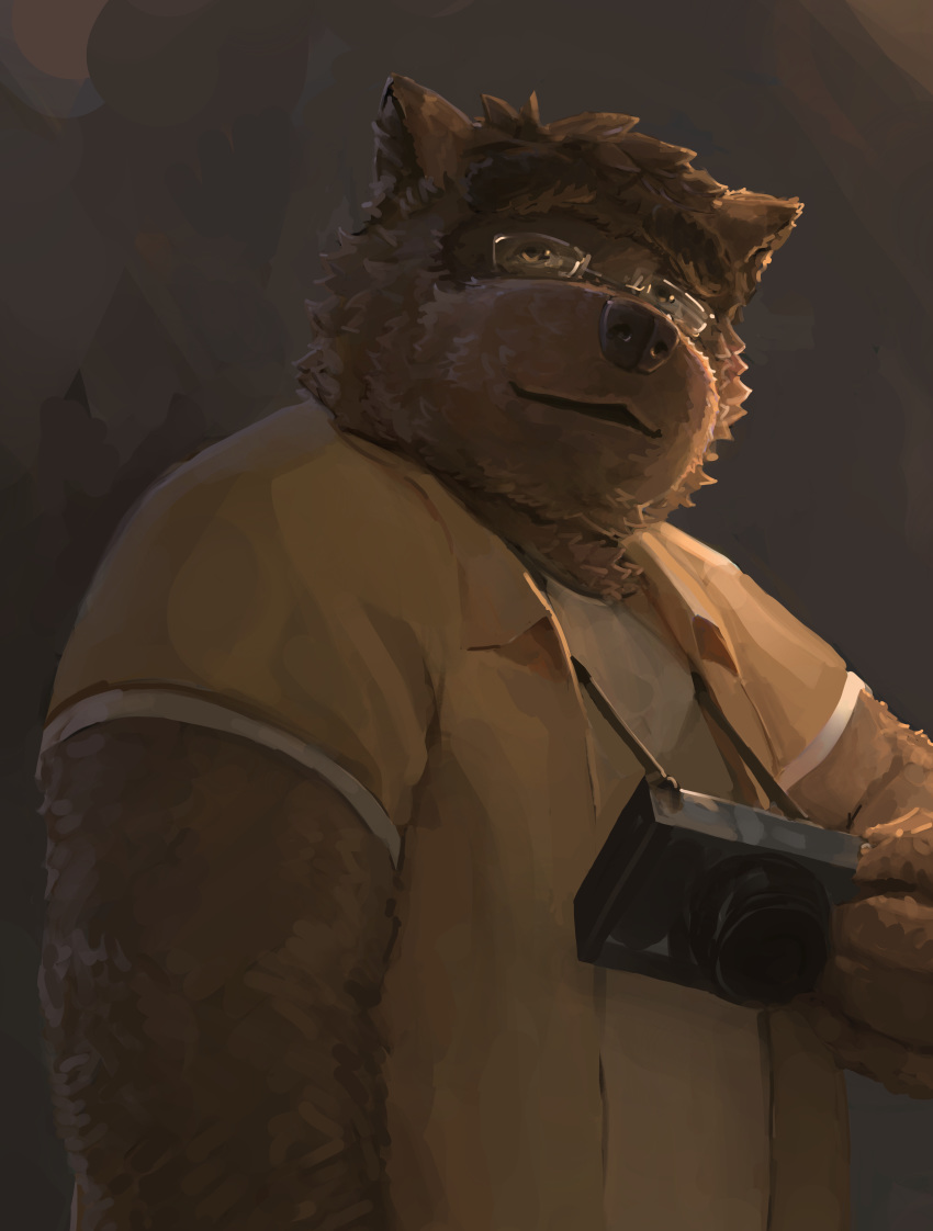 2019 absurd_res anthro bezdomny brown_body brown_fur camera canid canine clothing eyewear fur glasses hi_res humanoid_hands kounosuke_(morenatsu) male mammal morenatsu overweight overweight_male raccoon_dog shirt solo tanuki topwear