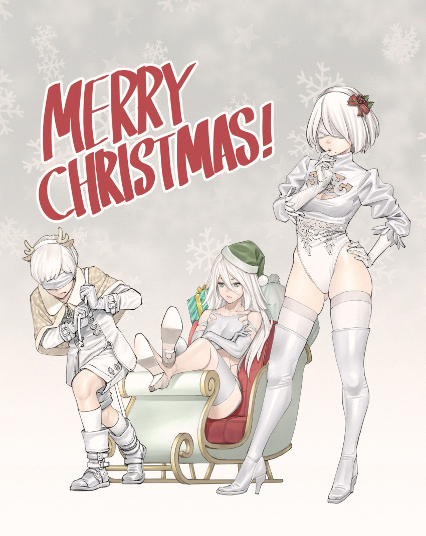 1boy 2girls antlers bare_shoulders blindfold blue_eyes boots breasts capelet christmas cleavage cleavage_cutout closed_mouth collarbone crossed_arms crossed_legs gift gloves hair_between_eyes hand_on_hip hat high_heels highres knee_boots komi_shin'ya leotard long_hair mistletoe mole mole_under_mouth multiple_girls nier_(series) nier_automata pinecone pulling santa_hat short_hair shorts sitting sleigh snowflake_background snowflakes standing turtleneck white_blindfold white_footwear white_gloves white_hair white_legwear yorha_no._2_type_b yorha_no._9_type_s yorha_type_a_no._2
