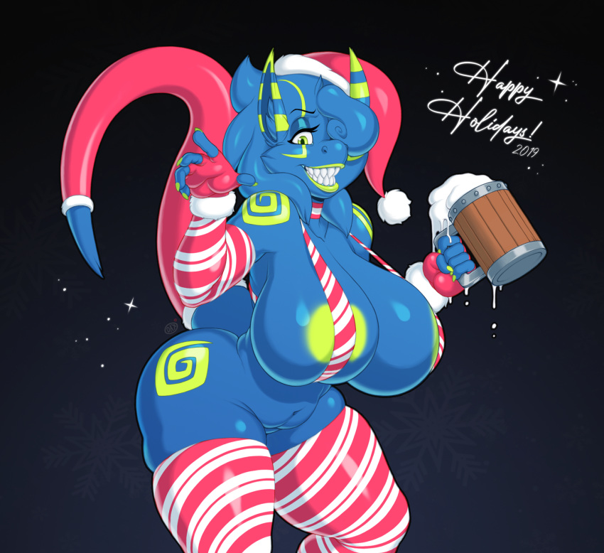 2019 5_fingers alcohol anthro areola arm_warmers armwear beverage big_breasts bikini blue_background bottomless breasts christmas clothed clothing collar cup dax daxzor digital_media_(artwork) dragon female fingerless_gloves fingers furgonomics gloves green_eyes hair hair_over_eye handwear hat headgear headwear hi_res holding_object holidays huge_breasts legwear looking_at_viewer markings one_eye_obstructed pattern_armwear pattern_clothing pattern_legwear pussy santa_hat sharp_teeth simple_background slightly_chubby sling_bikini smile solo stockings striped_armwear striped_clothing striped_legwear striped_stockings stripes swimwear tail_clothing tail_warmer teeth thick_thighs