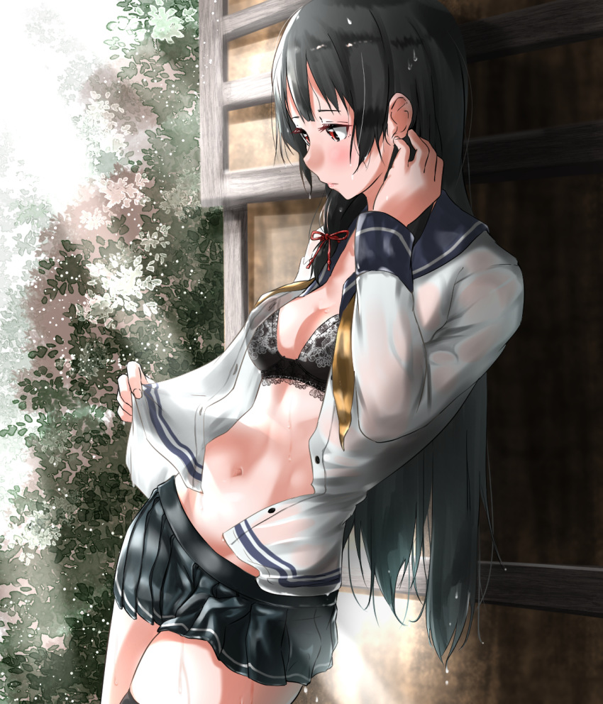 1girl asymmetrical_legwear black_hair blush breasts bush closed_mouth hair_ribbon highres isokaze_(kantai_collection) kantai_collection long_hair long_sleeves medium_breasts navel no_bra pleated_skirt red_eyes ribbon school_uniform serafuku single_thighhigh skirt tama_(seiga46239239) thighhighs tress_ribbon wet wet_clothes wet_hair