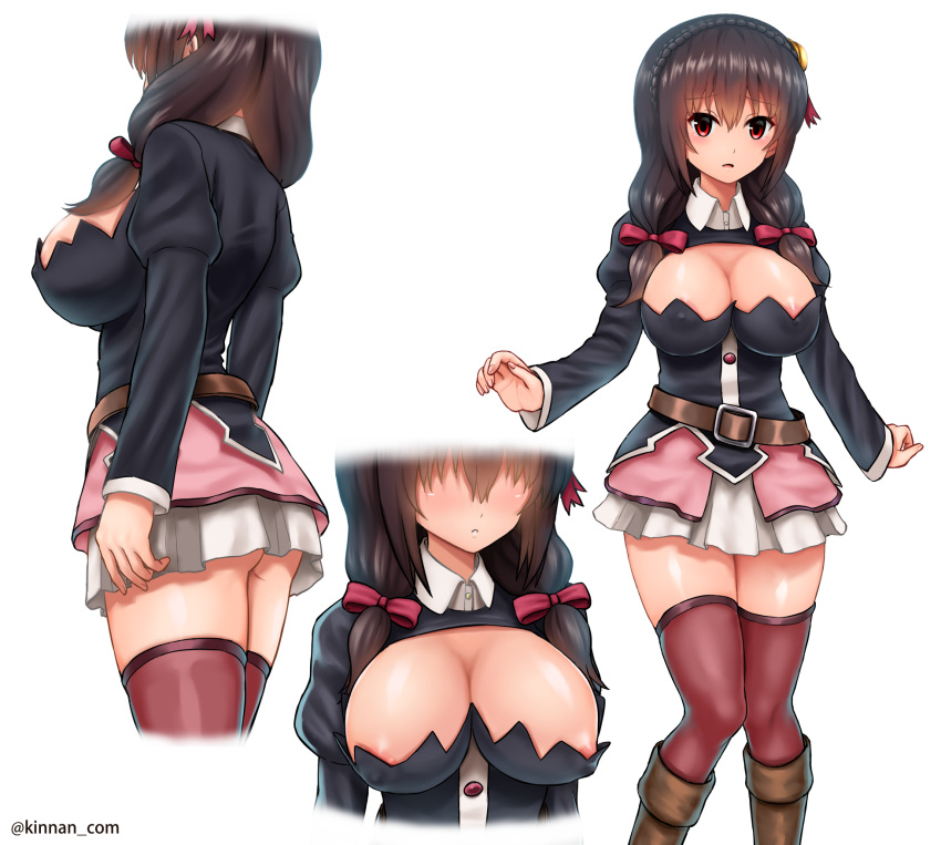 1girl areola_slip areolae arms_at_sides ass belt blush boots bow braid breasts brown_belt brown_footwear brown_hair cleavage cleavage_cutout collar covered_nipples eyebrows_visible_through_hair from_side hair_between_eyes hair_bow hair_ornament highres juliet_sleeves kinnan kono_subarashii_sekai_ni_shukufuku_wo! large_breasts legs_together long_sleeves looking_at_viewer low_twintails medium_hair miniskirt multiple_views no_bra no_eyes open_mouth parted_lips puffy_sleeves red_bow red_eyes red_legwear simple_background skirt standing thighhighs thighs twintails twitter_username upper_body white_background white_collar wing_collar yunyun_(konosuba)