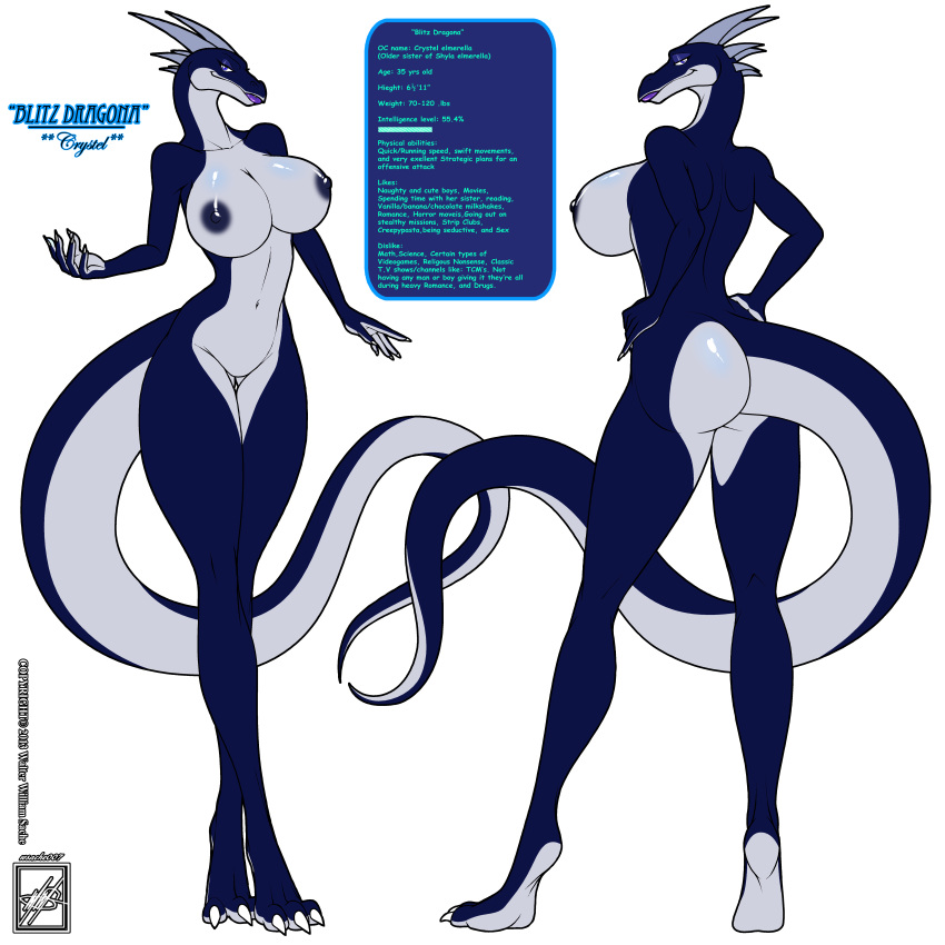 1:1 2013 absurd_res alpha_channel anthro big_breasts blue_body blue_nipples blue_skin breasts butt claws digital_media_(artwork) dragon english_text female hi_res hindpaw horn lips looking_at_viewer looking_back model_sheet navel nipples non-mammal_breasts nude paws purple_lips scalie simple_background smile solo standing text thick_thighs transparent_background walter_sache white_body white_skin