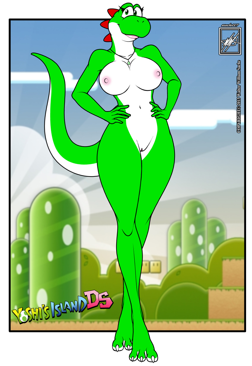 2013 3_toes 5_fingers absurd_res alpha_channel anthro biped breasts claws digital_media_(artwork) dinosaur female fingers green_body green_eyes green_skin green_yoshi hands_on_hips hi_res jewelry lips looking_at_viewer mario_bros necklace nintendo nipples non-mammal_breasts pose pussy reptile scalie solo thick_bottom_lip toe_claws toes video_games walter_sache yoshi