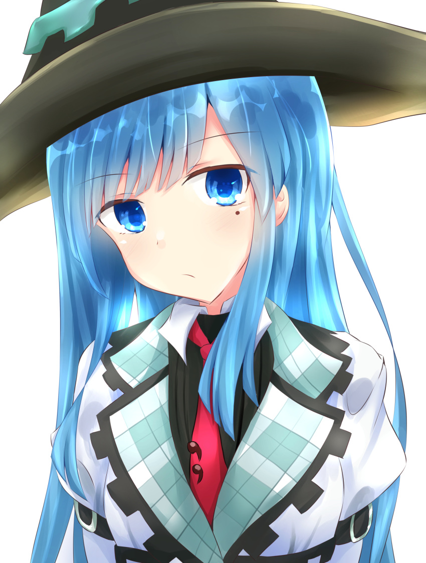 1girl black_headwear blue_eyes blue_hair blush choujigen_game_neptune collared_dress collared_shirt commentary_request dress expressionless hat highres long_hair looking_at_viewer mages. mole mole_under_eye necktie neptune_(series) niche-tan red_neckwear shirt simple_background solo upper_body very_long_hair white_background white_dress white_shirt witch witch_hat