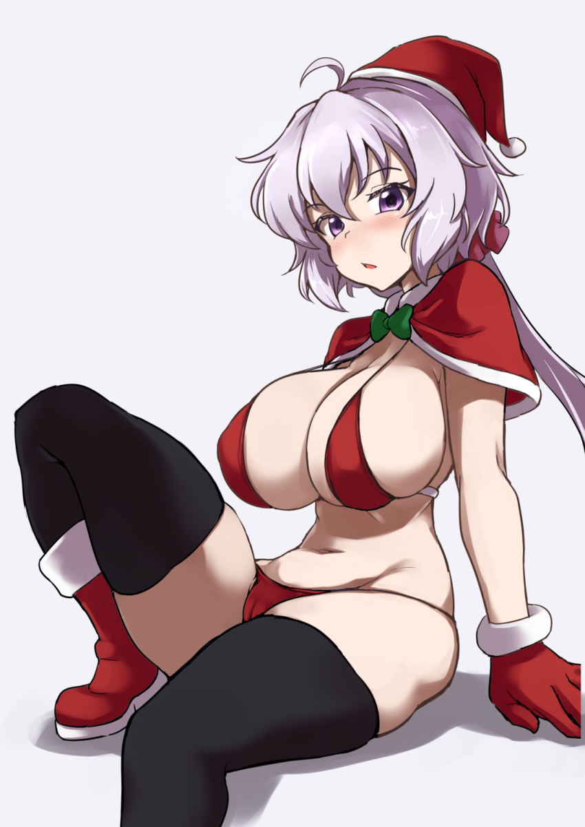 1girl ahoge blush breasts christmas commentary_request gloves hair_between_eyes hat highres large_breasts long_hair looking_at_viewer low_twintails open_mouth purple_eyes santa_bikini santa_hat senki_zesshou_symphogear shanaharuhi silver_hair simple_background solo thighhighs twintails very_long_hair yukine_chris