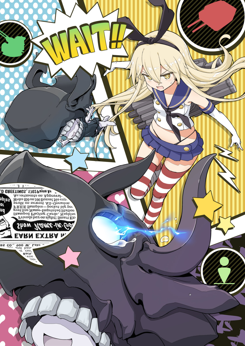 1girl aka_ringo black_neckwear black_panties blonde_hair blue_sailor_collar blue_skirt commentary_request crop_top elbow_gloves gloves glowing glowing_eye hair_between_eyes highleg highleg_panties highres kantai_collection long_hair microskirt neckerchief open_mouth panties pleated_skirt pt_imp_group sailor_collar shimakaze_(kantai_collection) shinkaisei-kan skirt striped striped_legwear thighhighs underwear white_gloves yellow_eyes