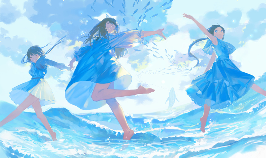 3girls absurdres animal arm_up barefoot black_hair blue_dress blue_eyes blue_theme closed_eyes cloud day dress fish happy highres leg_up long_hair long_sleeves low_twintails multiple_girls ocean original outdoors outstretched_arms pofu31 ponytail puffy_sleeves sky sleeveless sleeveless_dress smile splashing spread_arms surreal twintails wading water