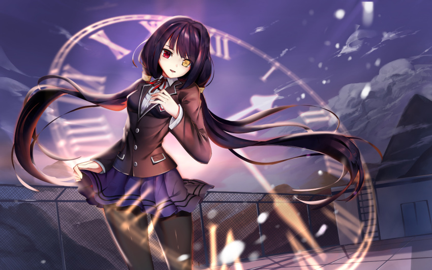 1girl 300_heroes artist_request black_hair blazer breasts clock_eyes date_a_live heterochromia jacket long_hair looking_at_viewer low_twintails medium_breasts open_mouth pantyhose red_eyes roman_numerals school_uniform shirt skirt solo symbol-shaped_pupils tokisaki_kurumi twintails white_shirt yellow_eyes