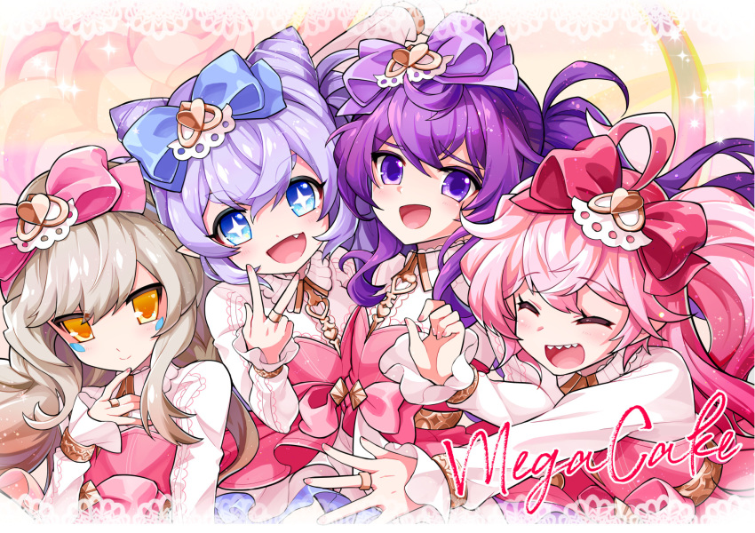 4girls aisha_landar dress elsword eve_(elsword) eyebrows_visible_through_hair fangs group_picture highres idol jewelry kuroshio_maki laby_(elsword) luciela_r._sourcream multiple_girls pink_background pink_dress ring smile