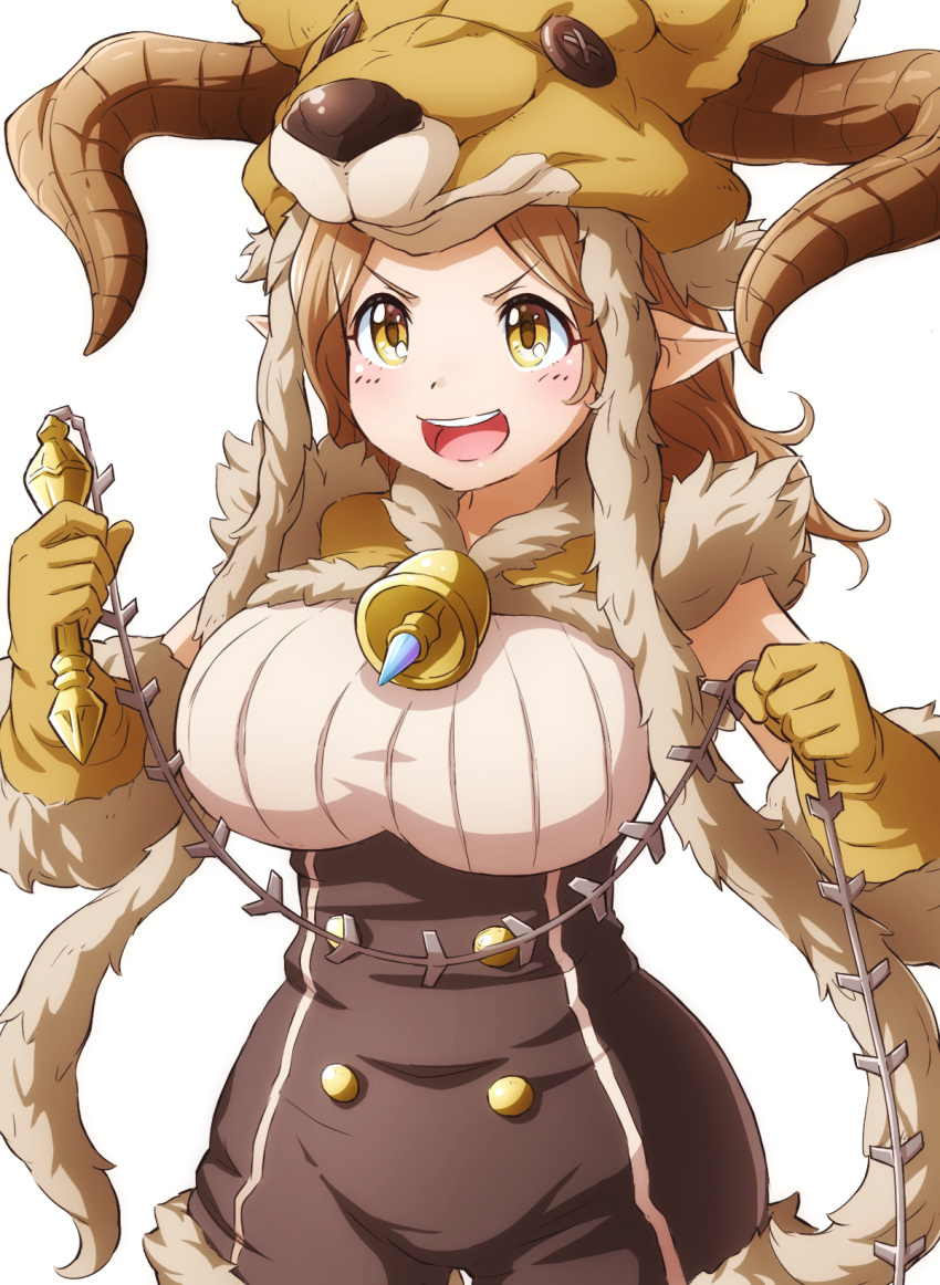 1girl :d animal_hat bell breasts brown_gloves brown_hair cowboy_shot daetta_(granblue_fantasy) draph elbow_gloves fur_trim gloves granblue_fantasy hat highres holding horns jingle_bell large_breasts light_brown_eyes long_hair open_mouth pointy_ears simple_background smile solo tayuura_(kuwo) underbust v-shaped_eyebrows white_background