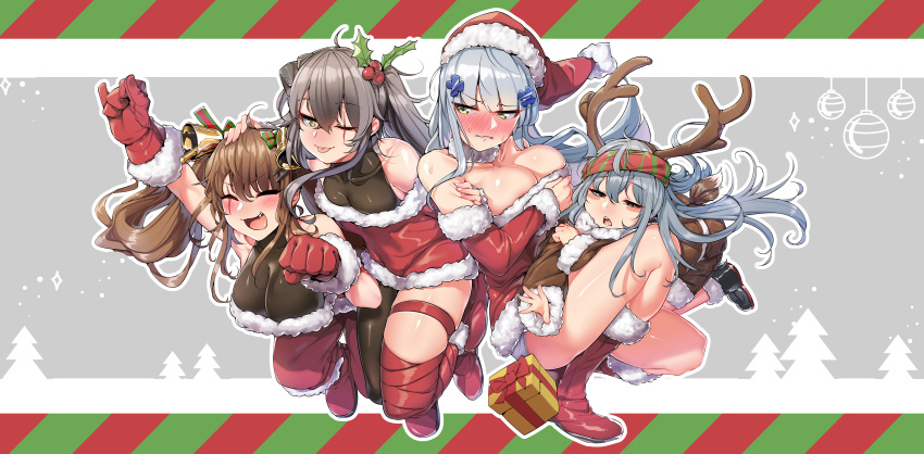 404_(girls_frontline) 4girls ;p ^_^ ^o^ absurdres antlers bandaged_leg bandages bangs bare_shoulders bell blunt_bangs blush blush_stickers boots box breasts brown_hair cleavage closed_eyes covered_navel dress fang fur_trim g11_(girls_frontline) gift gift_box girls_frontline gloves green_eyes grey_hair hair_bell hair_between_eyes hair_ornament hat highres hk416_(girls_frontline) long_hair looking_at_viewer mistletoe multiple_girls one_eye_closed red_dress red_gloves reindeer_antlers santa_hat scar scar_across_eye sd_bigpie side_ponytail silver_hair small_breasts smile sweat tongue tongue_out ump45_(girls_frontline) ump9_(girls_frontline) white-panties