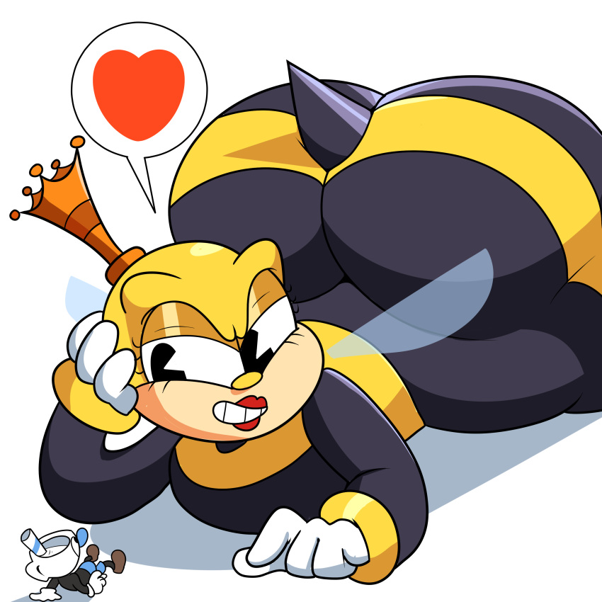 &lt;3 1:1 absurd_res animal_humanoid animate_inanimate arthropod arthropod_humanoid bee_humanoid big_butt butt crown cuphead_(game) duo female for_a_head hi_res huge_butt humanoid hymenopteran hymenopteran_humanoid insect insect_humanoid larger_female male mugman object_head pictographics queen royalty rumor_honeybottoms simple_background size_difference smaller_male stripes superspoe video_games white_background