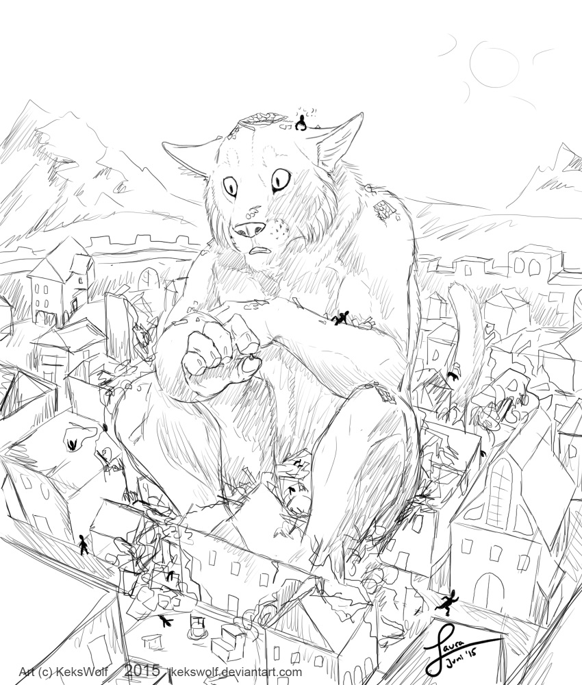 2015 5_fingers anthro bethesda_softworks black_and_white chaos city confusion destruction felid feline felis fingers hi_res kekswolf khajiit macro mammal monochrome mountain post_transformation rohrkrepierer88 sitting size_transformation sketch sky skyrim slit_pupils sun teeth the_elder_scrolls video_games