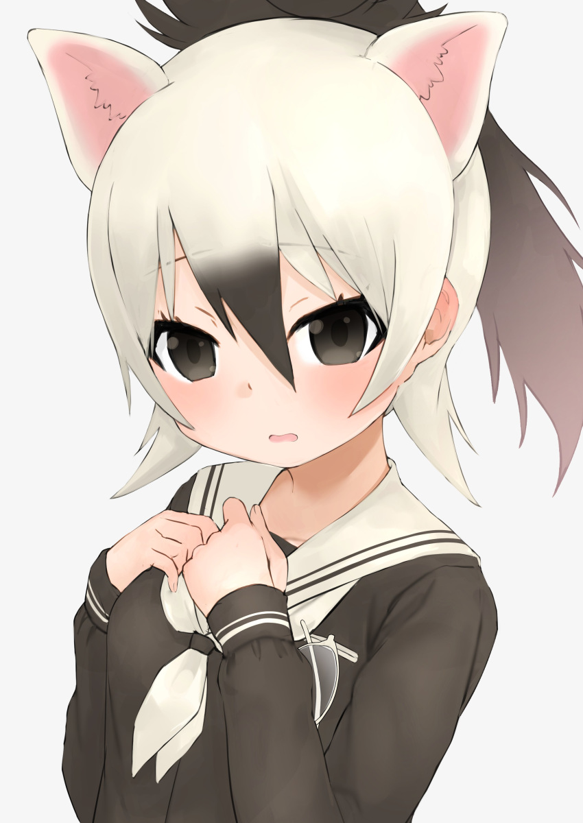 1girl aardwolf_(kemono_friends) aardwolf_ears absurdres alternate_costume animal_ears bangs black_eyes black_hair breast_pocket collarbone collared_shirt deku_suke extra_eyes eyewear_removed furrowed_eyebrows glasses grey_hair hair_between_eyes hand_on_own_chest hands_up high_ponytail highres kemono_friends long_hair long_sleeves looking_at_viewer multicolored_hair open_mouth pocket ponytail sailor_collar shirt sidelocks simple_background solo two-tone_hair upper_body