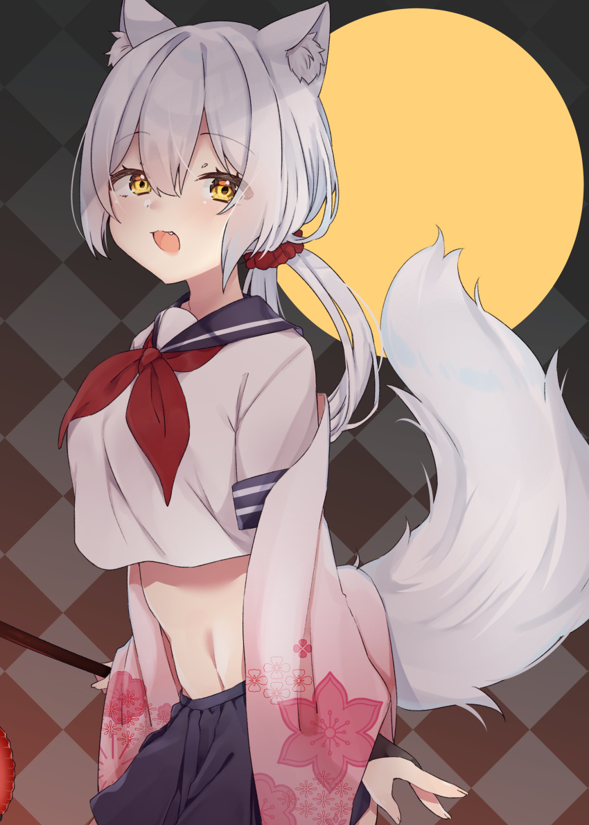 1girl :d abe_suke absurdres animal_ears bangs black_sailor_collar black_skirt breasts bridal_gauntlets commentary_request eyebrows_visible_through_hair fang fox_ears fox_girl fox_tail hair_between_eyes hair_ornament hair_scrunchie highres holding lantern long_hair long_sleeves looking_at_viewer low_ponytail medium_breasts midriff navel neckerchief open_mouth original paper_lantern ponytail red_neckwear red_scrunchie sailor_collar school_uniform scrunchie serafuku shirt skirt smile solo tail tail_raised very_long_hair white_hair white_shirt wide_sleeves yellow_eyes