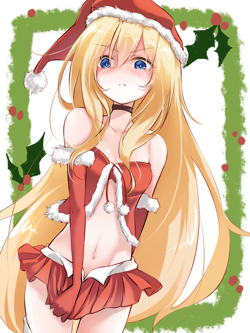 1girl alternate_costume bare_shoulders black_choker blonde_hair blue_eyes blush bra breasts choker christmas commentary_request crop_top elbow_gloves embarrassed frown fur-trimmed_gloves fur_trim gabriel_dropout gloves groin hair_between_eyes hat highres long_hair looking_at_viewer midriff miniskirt navel pleated_skirt pom_pom_(clothes) red_bra red_gloves revealing_clothes santa_hat sazanka serious skirt skirt_tug small_breasts solo strapless tenma_gabriel_white underwear very_long_hair