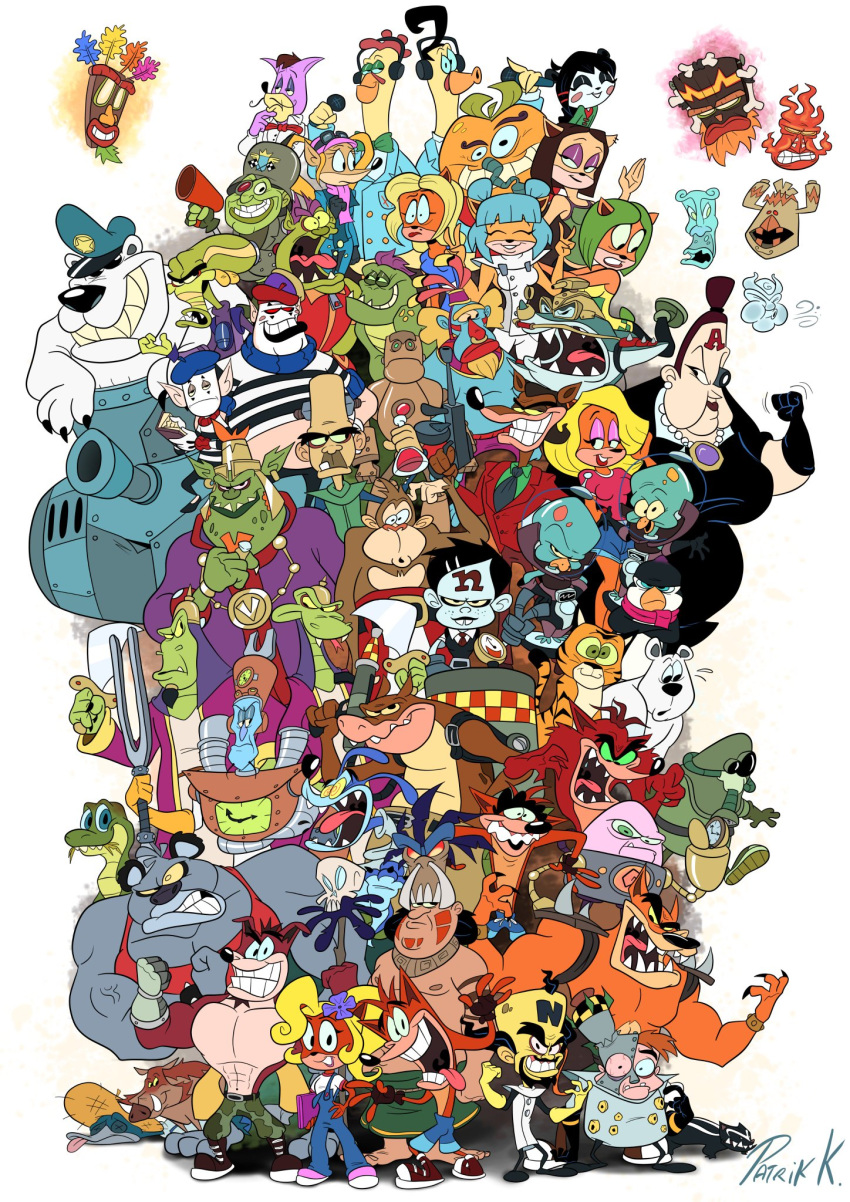 absolutely_everyone accessory activision aku_aku alien ami_bandicoot anthro ape armor avian baby_t beaker beard bearminator belt beret big_norm bird black_hair blonde_hair blue_body blue_eyes blue_fur blue_hair blue_skin bodypaint bone bottomwear bow_tie braided_hair brown_body brown_fur brown_hair buckteeth burping canid canine canis chick_gizzard_lips chicken clock clothing coat coco_bandicoot crash_bandicoot crash_bandicoot_(series) crocodile crocodilian crocodylid crunch_bandicoot cybernetics cyborg dasyuromorph didelphid dingo dingodile dinosaur doctor_n._gin doctor_neo_cortex doctor_nitrus_brio droilius ebenezer_von_clutch emperor_velo_xxvii evil_crash exoskeleton eyeshadow eyewear face_paint facial_hair false_eye fangs farmer_ernest felid feral fire fish flower food food_creature footwear freckles fur galliform gallus_(genus) gas_mask gazmoxian geary_(crash_bandicoot) giant_panda goggles gorilla grass green_body green_eyes green_hair green_skin grey_body grey_fur group gun hair hair_accessory hairclip haplorhine hat headdress headgear headphones headset headwear hi_res human hybrid hypno_eyes isabella_bandicoot jacket kangaroo koala koala_kong komodo_dragon komodo_joe komodo_moe krunk_(crash_bandicoot) lab_coat laboratory_equipment laboratory_glassware&lrm; large_group liz_bandicoot lizard lo-lo_the_wind_elemental machine macropod madame_amberly makeup mammal marine marsupial mask mech_suit medallion megaphone megumi_bandicoot melee_weapon mephitid metal_hand microphone monitor_lizard moritz_(crash_bandicoot) mustache n._trance n._tropy nash_(crash_bandicoot) nina_cortex nitros_oxide orange_body orange_fur overalls pantherine pants papu_papu park_drone_(crash_bandicoot) pasadena_o'possum penguin penta_penguin phasianid pigtails pinstripe_potoroo plant polar_(crash_bandicoot) polar_bear primate pura purple_body purple_fur py-ro_the_fire_elemental ranged_weapon red_body red_fur reptile rilla_roo ripper_roo robe robot rok-ko_the_earth_elemental scalie scarf scientific_instrument scimitar shark shirt shoes simple_background skull skunk small_norm sneakers space_helmet spacesuit staff stew_(crash_bandicoot) straitjacket straw_hat striped_shirt suid suina suit sword tank tank_top tasmanian_devil tawna_bandicoot teeth theropod thylacine tiger topwear trash_bandicoot tyrannosaurid tyrannosaurus tyrannosaurus_rex uka_uka ursid ursine vehicle victor_(crash_bandicoot) video_games viscount_(crash_bandicoot) vombatiform wa-wa_the_water_elemental wall_of_tags warthog water weapon white_background white_body white_fur willie_wumpa_cheeks wind wumpa_fruit yaya_panda yellow_body yellow_eyes yellow_skin zam_(crash_bandicoot) zem_(crash_bandicoot)