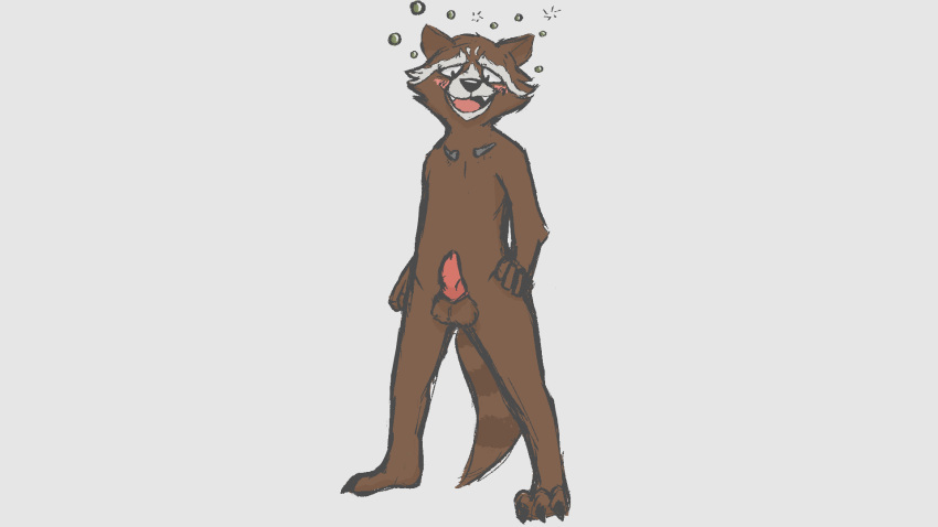 16:9 2019 alcohol anthro balls beverage blush brown_body brown_fur canid canine claws digital_media_(artwork) drunk erection fur guardians_of_the_galaxy hi_res invalid_tag looking_at_viewer male mammal marvel nude open_mouth paws penis procyonid raccoon rocket_raccoon simple_background smallsavant smile solo substance_intoxication teeth tongue white_body white_fur