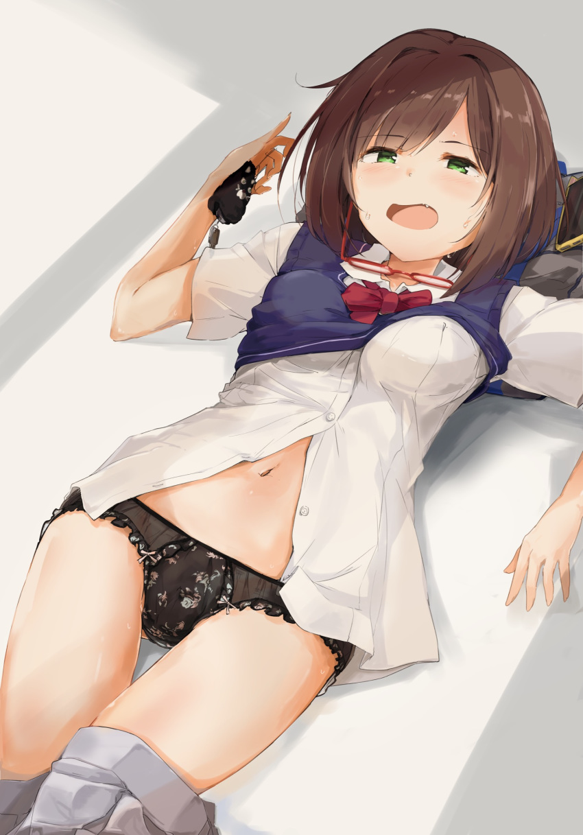 1girl black_panties blue_sweater blush bow bow_panties bowtie commentary_request dress_shirt eyebrows_visible_through_hair fang from_above frown glasses green_eyes grey_skirt half-closed_eyes highres idolmaster idolmaster_cinderella_girls key keyring lace lace-trimmed_panties looking_at_viewer lying maekawa_miku miniskirt navel on_back open_mouth panties partially_unbuttoned pleated_skirt red-framed_eyewear red_neckwear school_uniform shirt short_sleeves shuiro_(frog-16) skirt skirt_pull solo sweat sweater sweater_vest thigh_gap underwear vest_lift white_shirt wing_collar