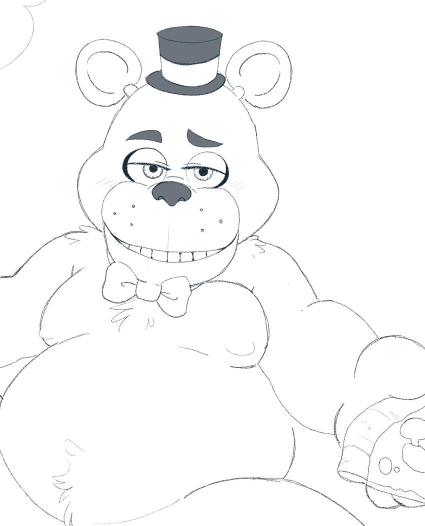 animatronic anthro belly blush celestial clothing five_nights_at_freddy's food freddy_(fnaf) hat headgear headwear hi_res machine male mammal moobs navel nipples overweight overweight_male pizza robot solo top_hat ursid video_games xtbidx