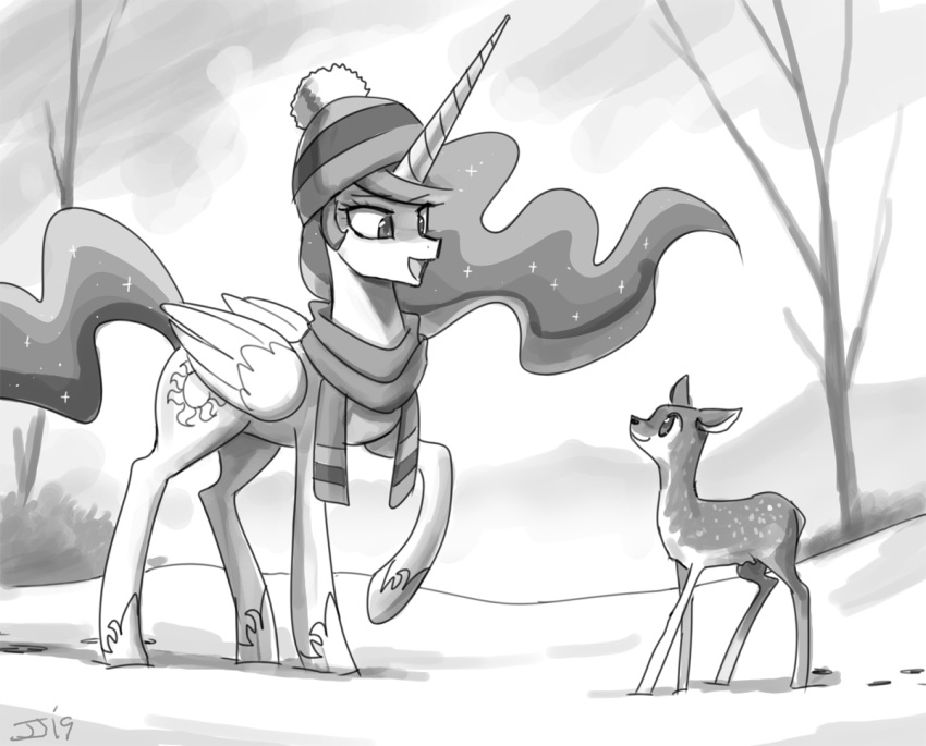 cervid equid female feral friendship_is_magic horn john_joseco larger_female mammal my_little_pony outside princess_celestia_(mlp) scarf size_difference snow winged_unicorn wings