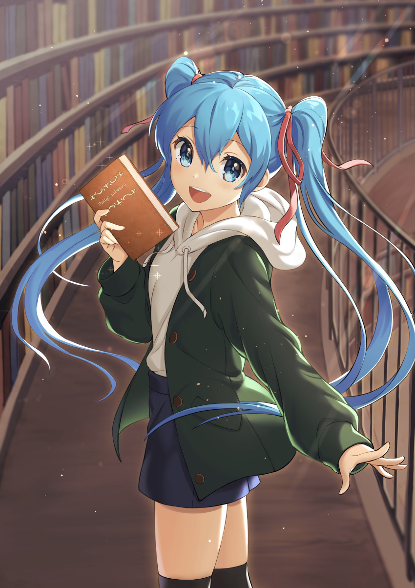 1girl :d absurdres alternate_costume black_legwear blue_eyes blue_hair blue_shorts blush book bookshelf casual coat commentary_request cowboy_shot drawstring english_text eyebrows_visible_through_hair gen_(gen_m_gen) green_coat hair_ribbon hatsune_miku highres holding holding_book hood hood_down indoors lens_flare library long_hair long_sleeves looking_at_viewer open_clothes open_coat open_mouth railing red_ribbon ribbon round_teeth shorts smile solo sparkle teeth thighhighs twintails upper_teeth very_long_hair vocaloid white_hoodie