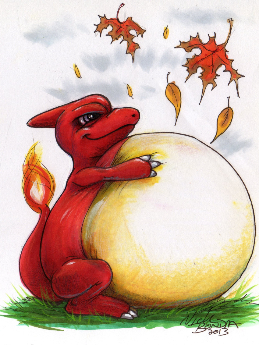 2013 ambiguous_gender belly big_belly charmeleon fire flaming_tail grass hands_on_belly hi_res hyper hyper_belly nick_bondra nintendo pok&eacute;mon pok&eacute;mon_(species) reptile scalie simple_background solo traditional_media_(artwork) video_games white_background