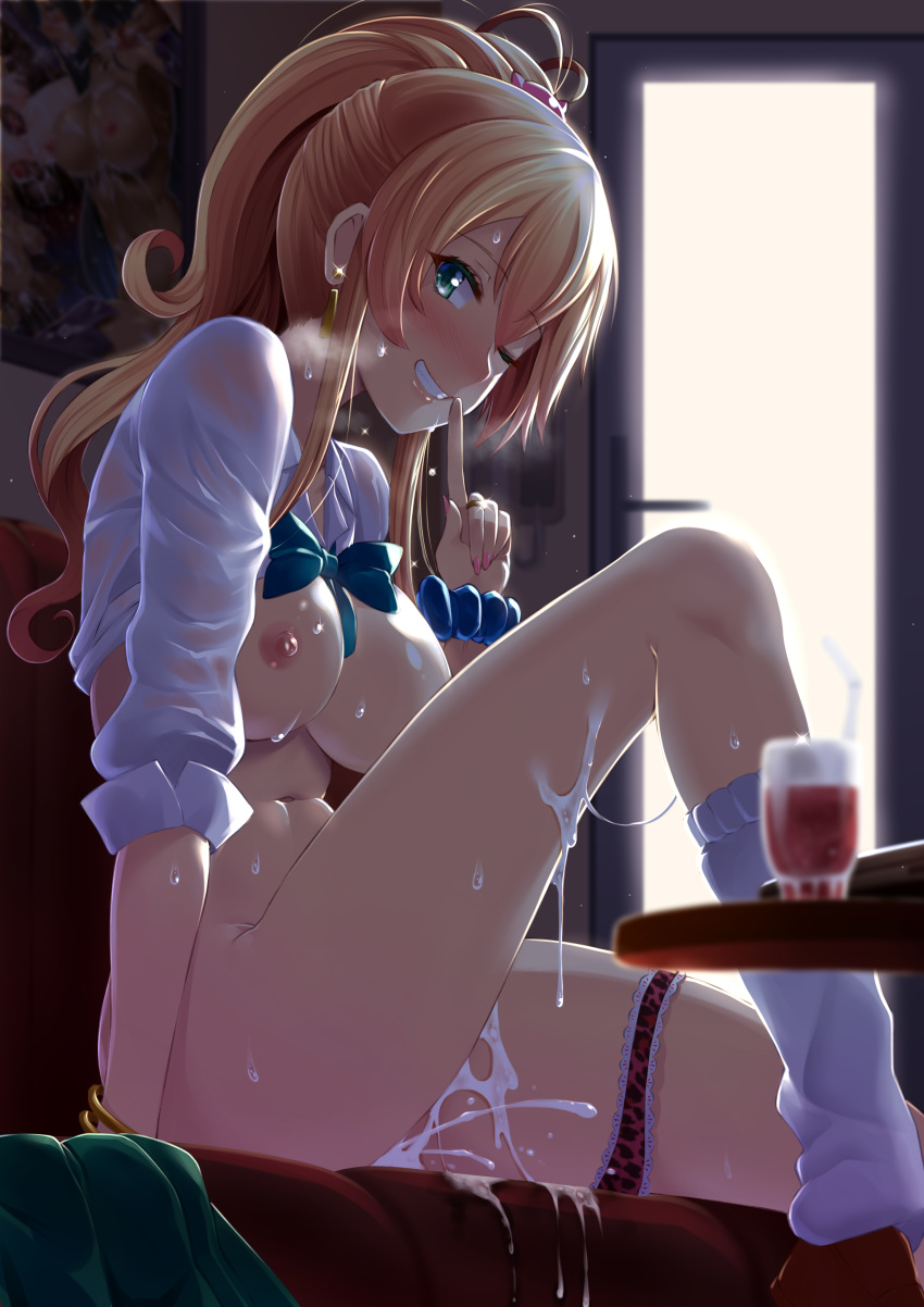 1girl absurdres after_sex arm_support blonde_hair blush bow bowtie bracelet breasts breath butter-t cum cum_in_pussy cum_on_body cum_on_lower_body cum_string curly_hair dress_shirt drink finger_to_mouth green_eyes grin gyaru hajimete_no_gal heart highres index_finger_raised indoors jewelry kogal lace lace-trimmed_panties large_breasts leg_up long_hair loose_socks nail_polish navel nipples nose_blush one_eye_closed paid_reward panties panties_around_one_leg patreon_reward pink_nails ponytail scrunchie see-through shirt shirt_lift shushing sitting sleeves_rolled_up smile socks solo spoken_heart sweat underwear wet wet_clothes wet_shirt wrist_scrunchie yame_yukana