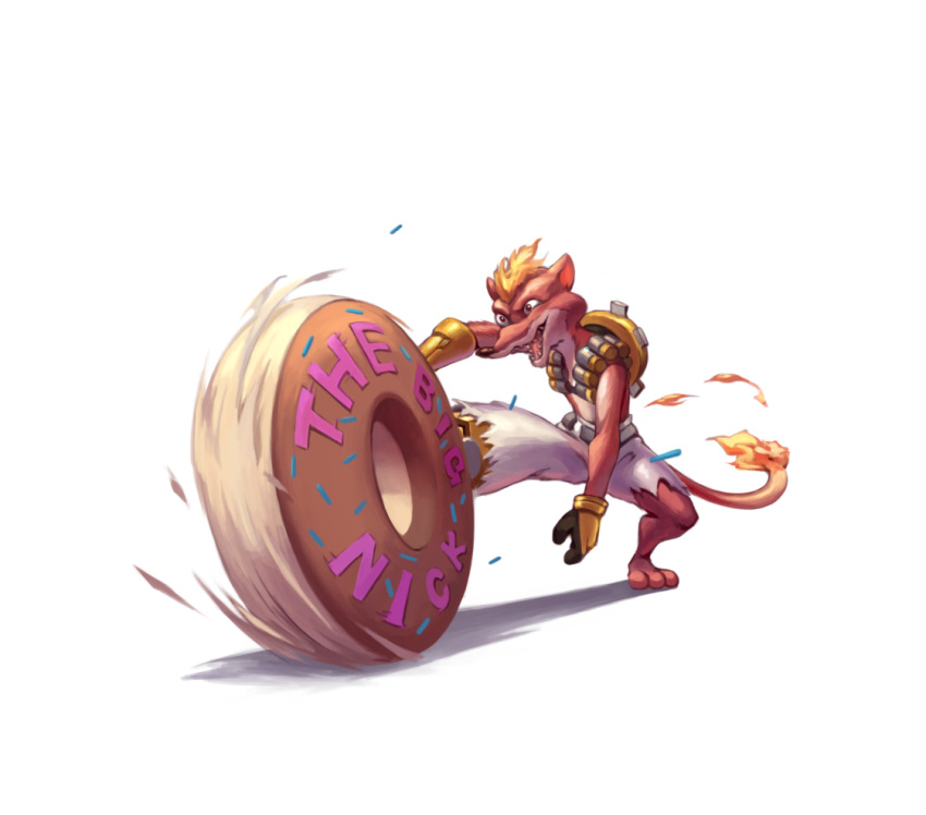 2017 anthro barefoot blizzard_entertainment brown_body brown_fur clothed clothing cosplay crossover crossover_cosplay doughnut duke_weaselton fire food fur junkrat_(overwatch) mammal mustela mustelid musteline open_mouth overwatch simple_background solo teeth video_games white_background 杯具螺旋丸